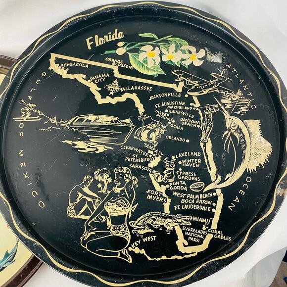 Vintage Florida Round Metal Tin Sourvenir Travel Map Trays Retro Decor 10.5" GUC - Picture 2 of 11